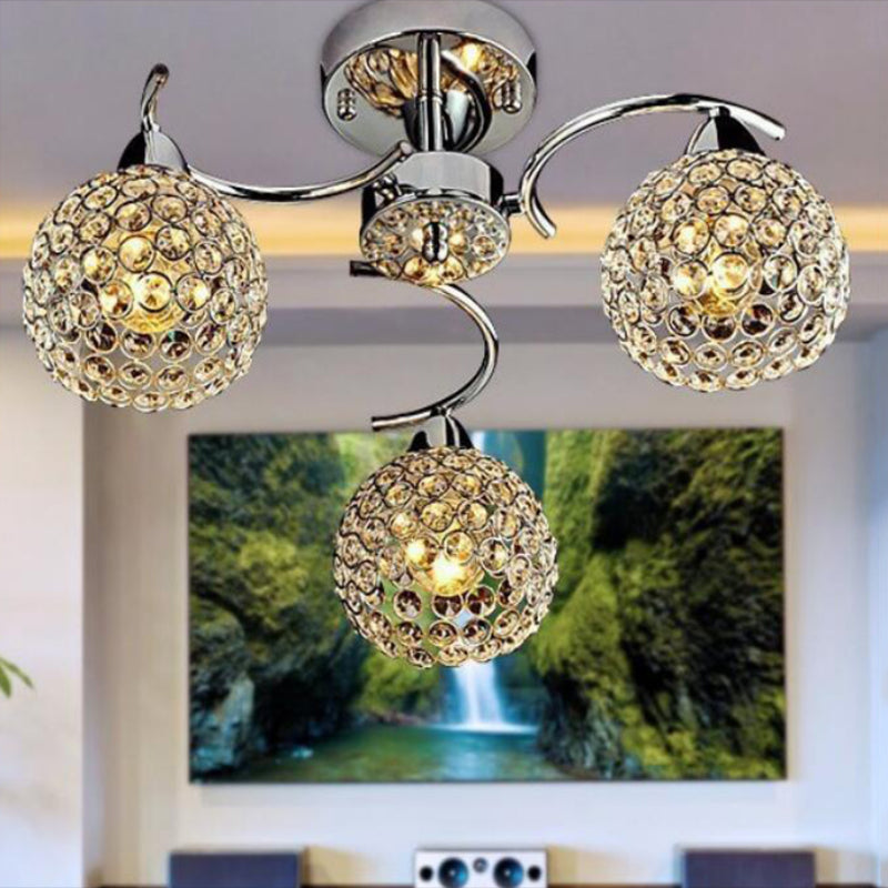 Modern 3 Lights Ceiling Light Spherical Semi Flush Light with Crystal Shade