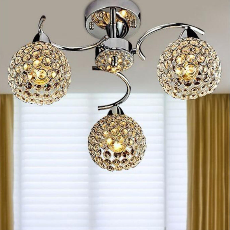 Modern 3 Lights Ceiling Light Spherical Semi Flush Light with Crystal Shade