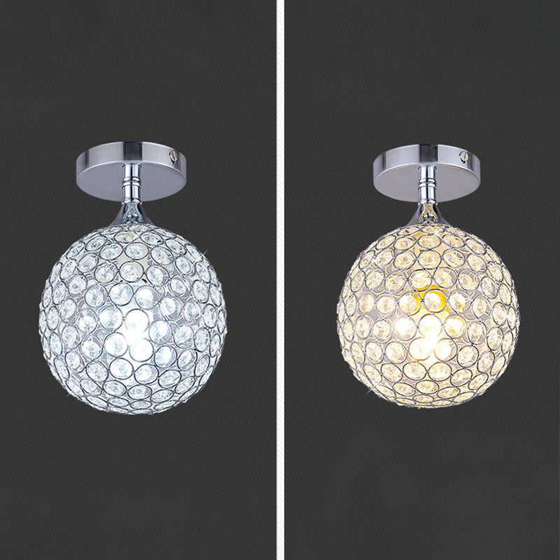 Chrome Globe Ceiling Flush Mount Modern 1-Light Crystal Flushmount Lighting