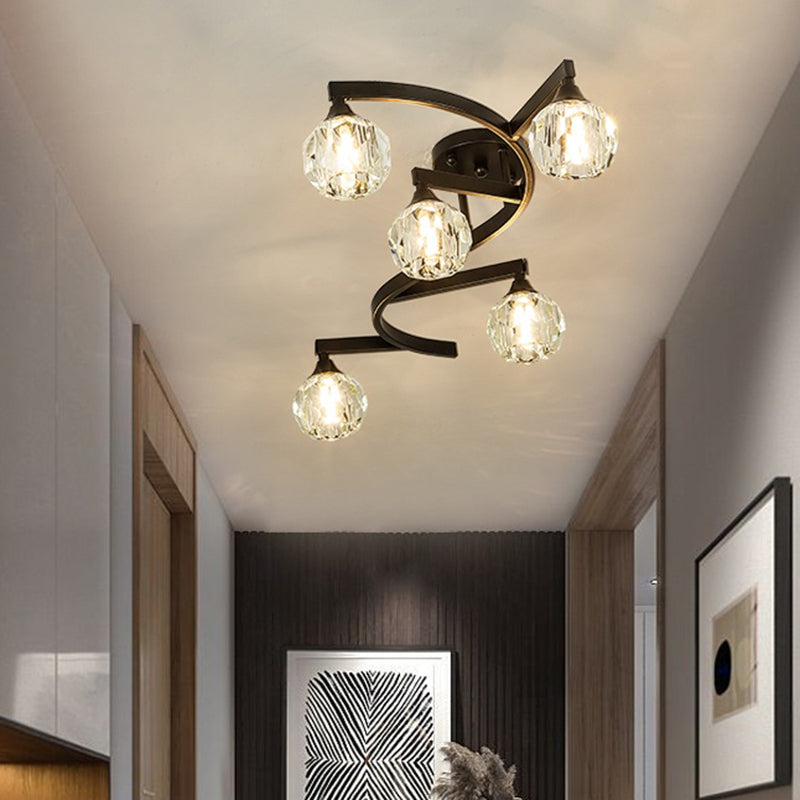 Ball Shade Hallway Flush Ceiling Light Crystal Modern Style Semi Flush Mount Light in Black