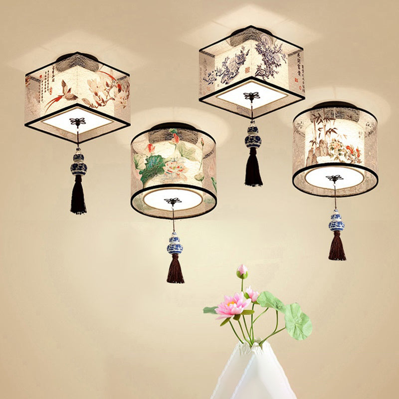 Geometrical Fabric Ceiling Flush Mount Light Traditional Aisle Ceiling Light Fixture