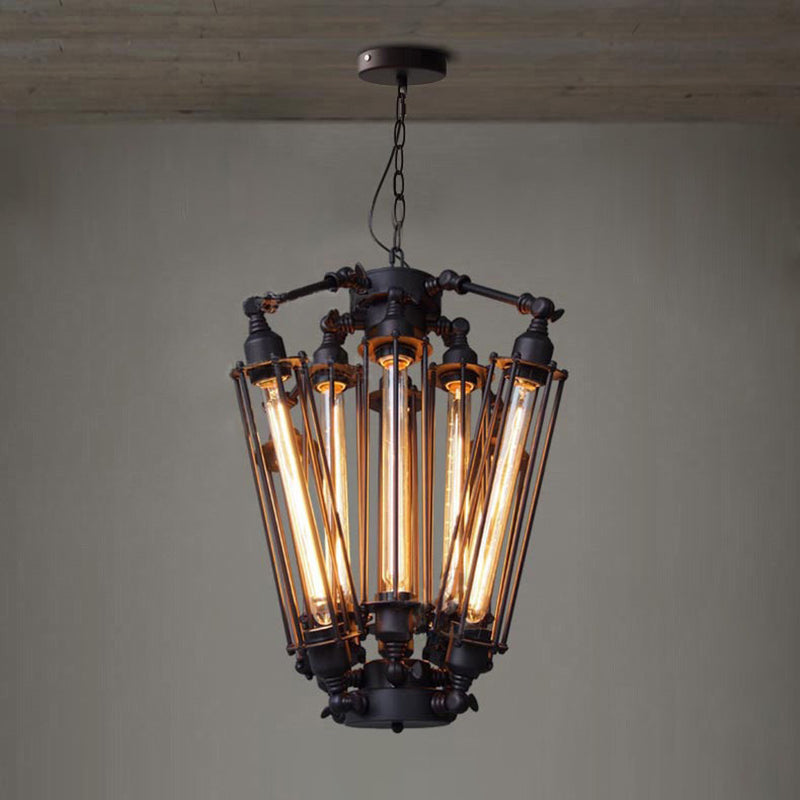 Black 8-Light Pendant Light in Industrial Retro Style Wrought Iron Linear Hanging Lamp