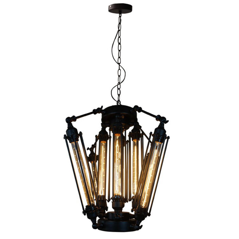 Zwart 8-licht hanglamp in industriële retro-stijl smeedijzeren lineaire hangende lamp