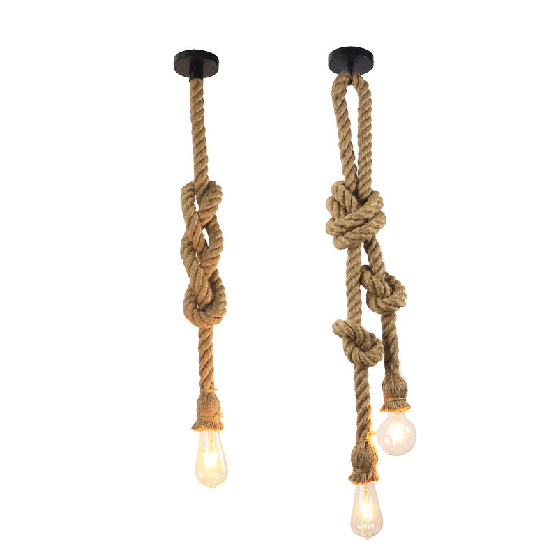 Industrial Vintage Linear Pendant Light Hemp Rope Bare Bulb Hanging Lamp for Coffee Shop