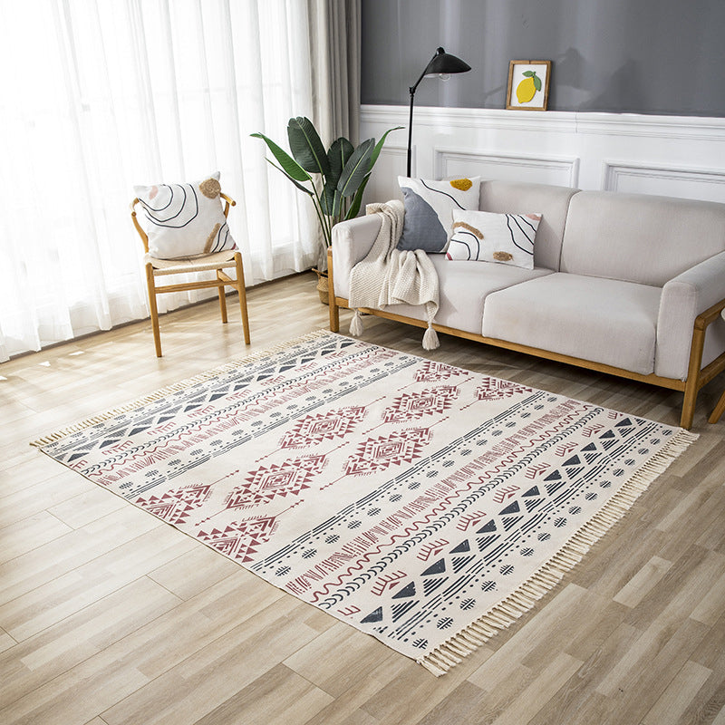 Beige Living Room Area Rug Bohemian Americana Print Rug Polyester Non-Slip Area Carpet