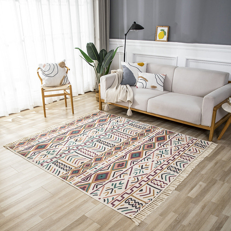 Beige Living Room Area Rug Bohemian Americana Print Rug Polyester Non-Slip Area Carpet