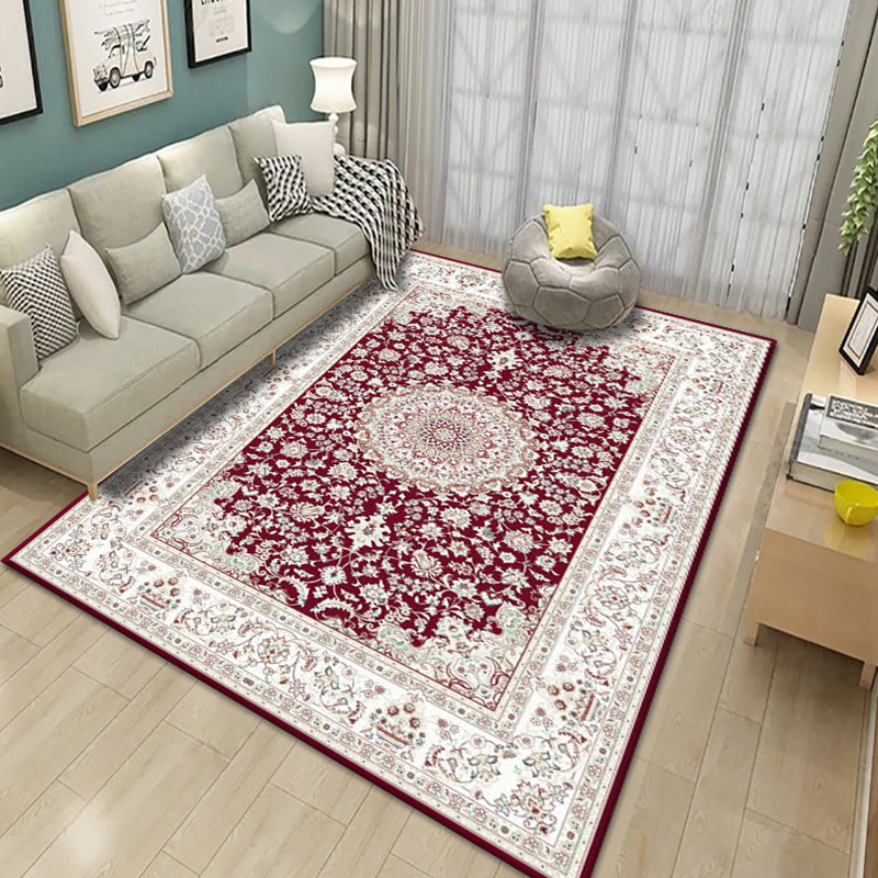 Red Medallion Carpet Polyester Vintage Indoor Rug Non-Split Area Carpet for Home Decor