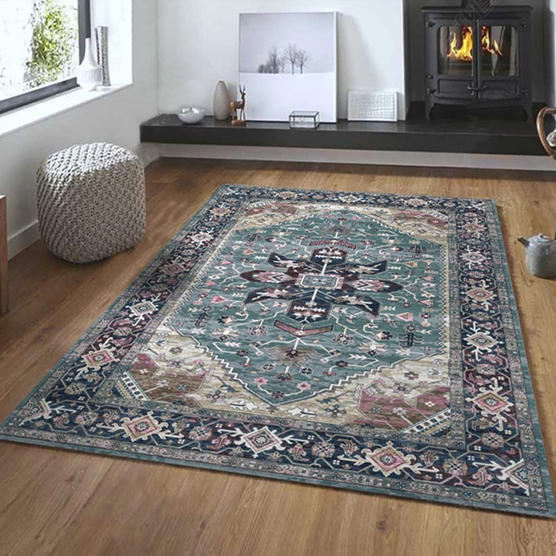 Blue Living Room Crapet Morocco Tribal Pattern Area Rug Polyester Non-Slip Backing Rug