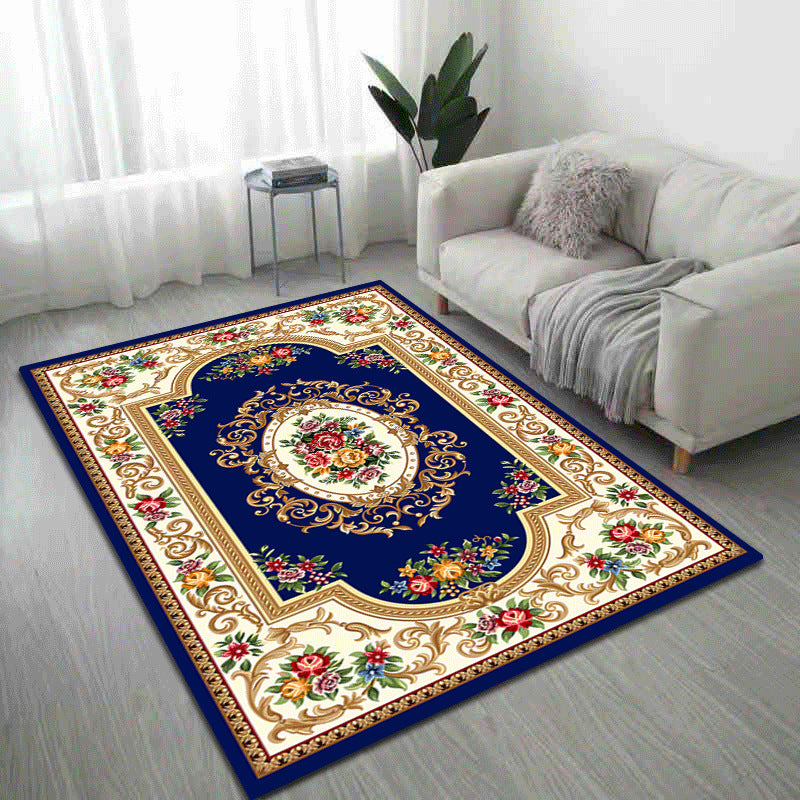 Dark Blue Living Carpet Vintage Medallion Rug Polyester Washable Indoor Carpet