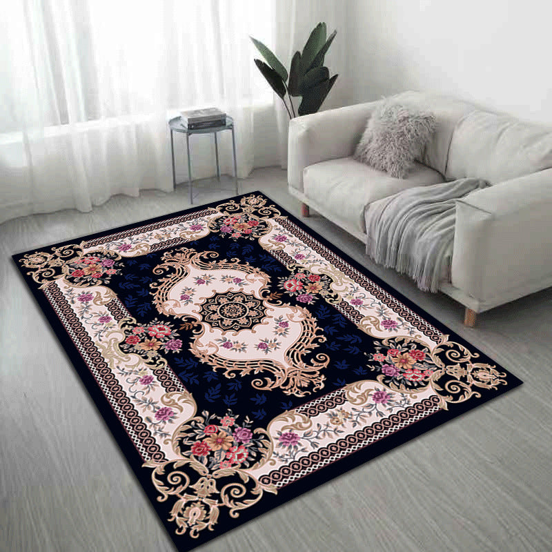 Dark Blue Living Carpet Vintage Medallion Rug Polyester Washable Indoor Carpet