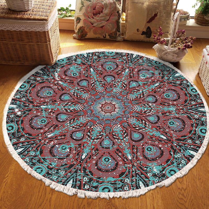 Round Traditional Rug Multicolored Carpet Polyester Non-Slip Backing Carpet for Living Room