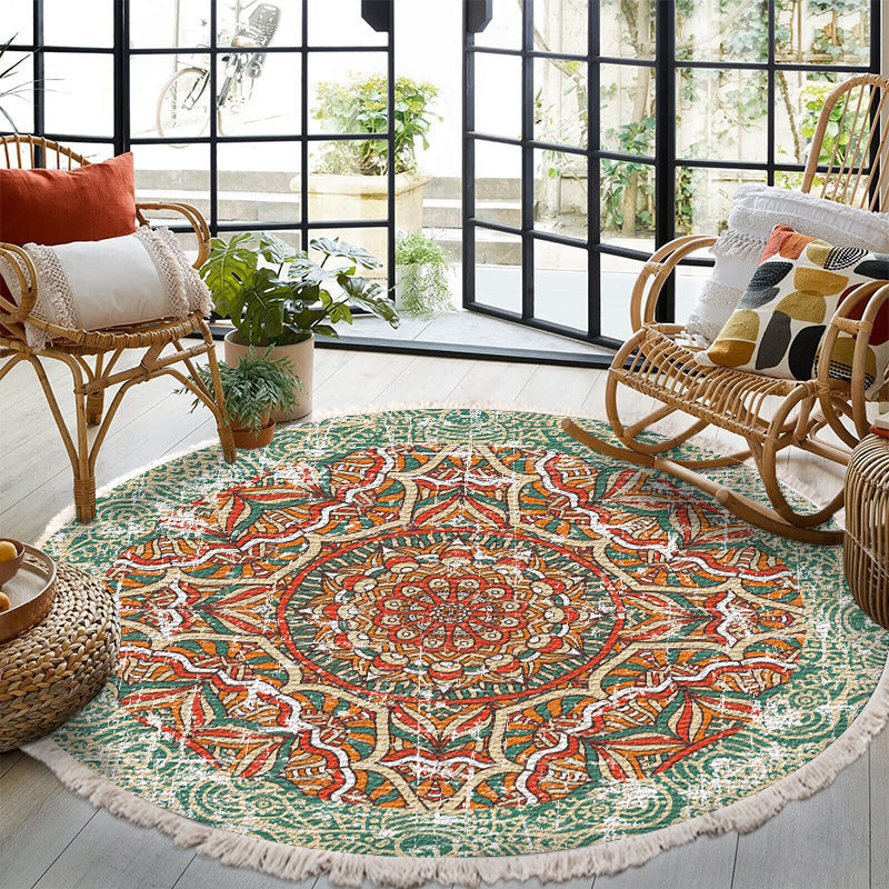 Multicolored Living Room Round Rug Nostalgia Area Rug Polyester Carpet with Non-Slip Backing