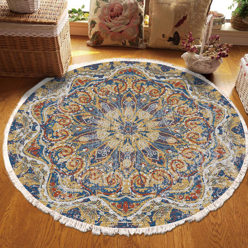 Multicolored Living Room Round Rug Nostalgia Area Rug Polyester Carpet with Non-Slip Backing