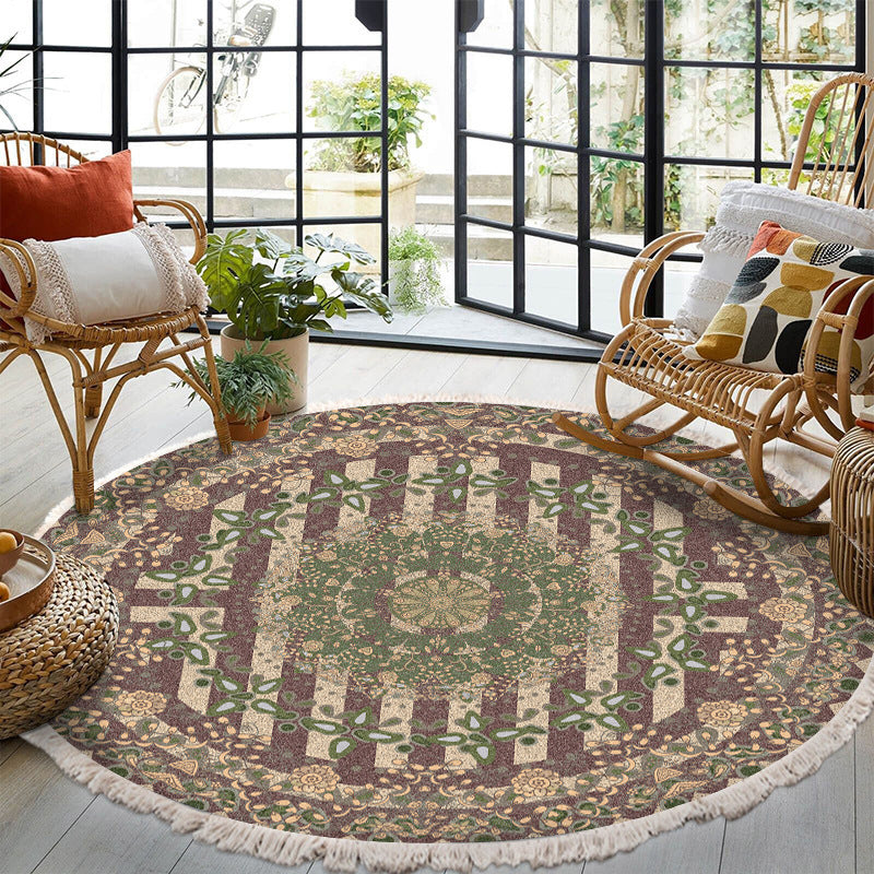 Multicolored Living Room Round Rug Nostalgia Area Rug Polyester Carpet with Non-Slip Backing
