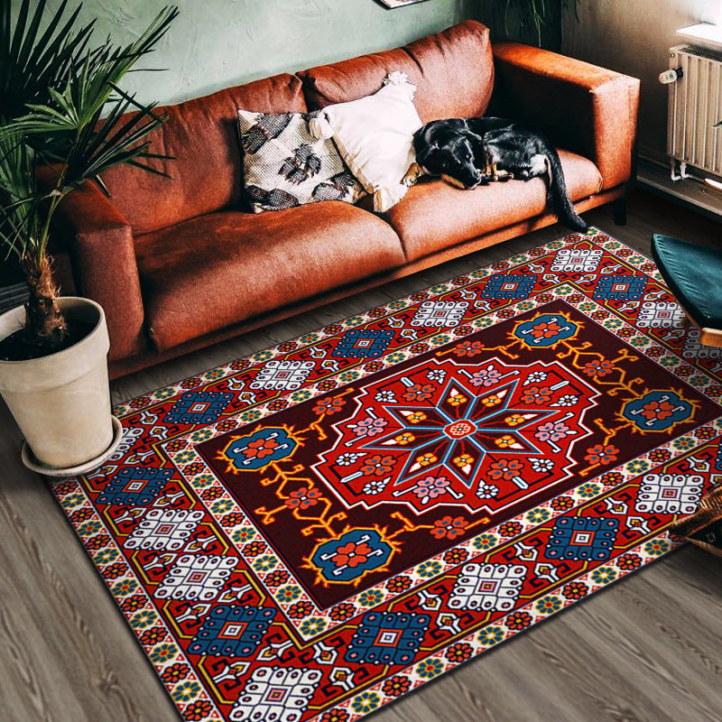 Red Living Room Area Carpet Bohemian Americana Pattern Rug Polyester Non-Slip Area Rug
