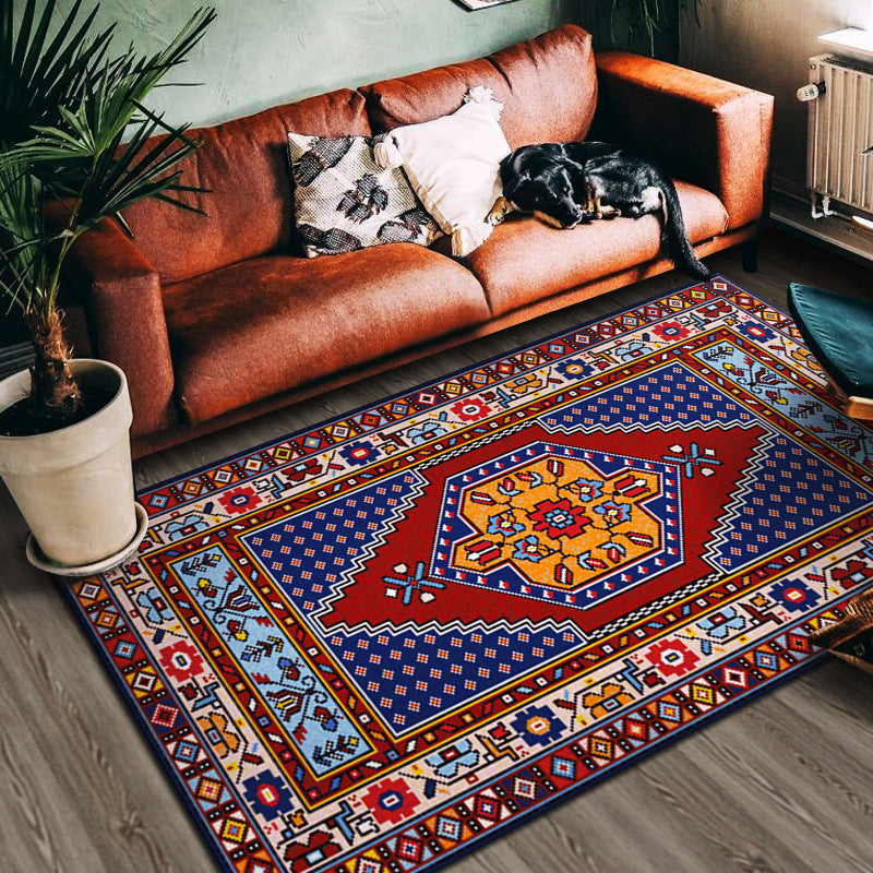 Red Living Room Area Carpet Bohemian Americana Pattern Rug Polyester Non-Slip Area Rug