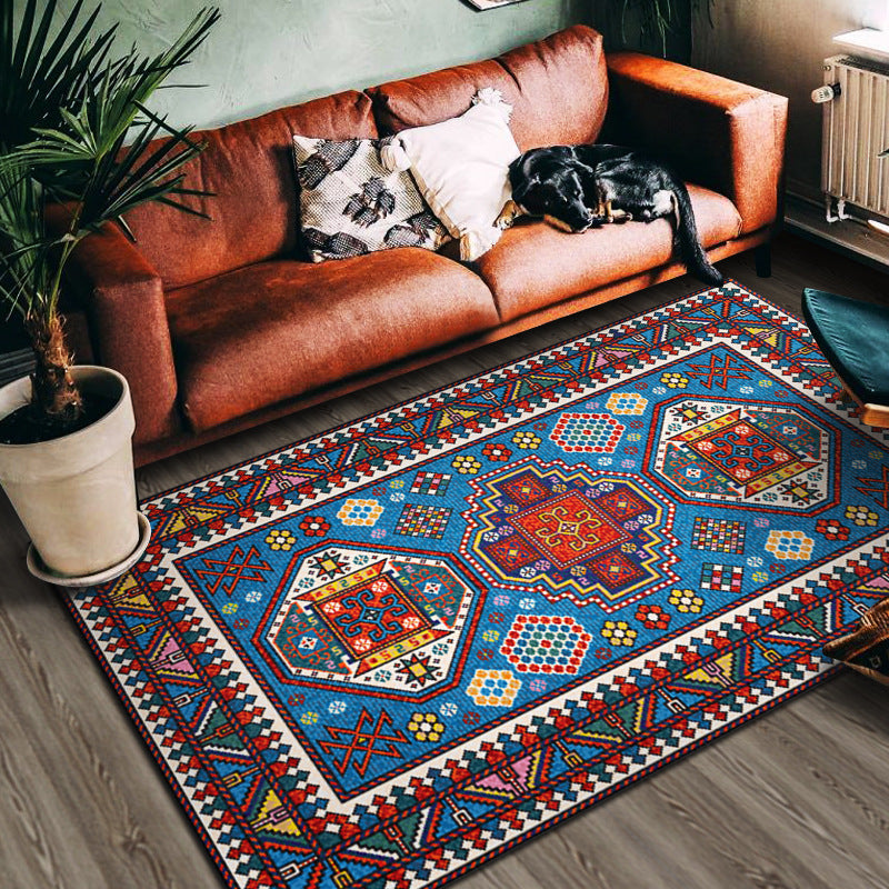 Red Living Room Area Carpet Bohemian Americana Pattern Rug Polyester Non-Slip Area Rug