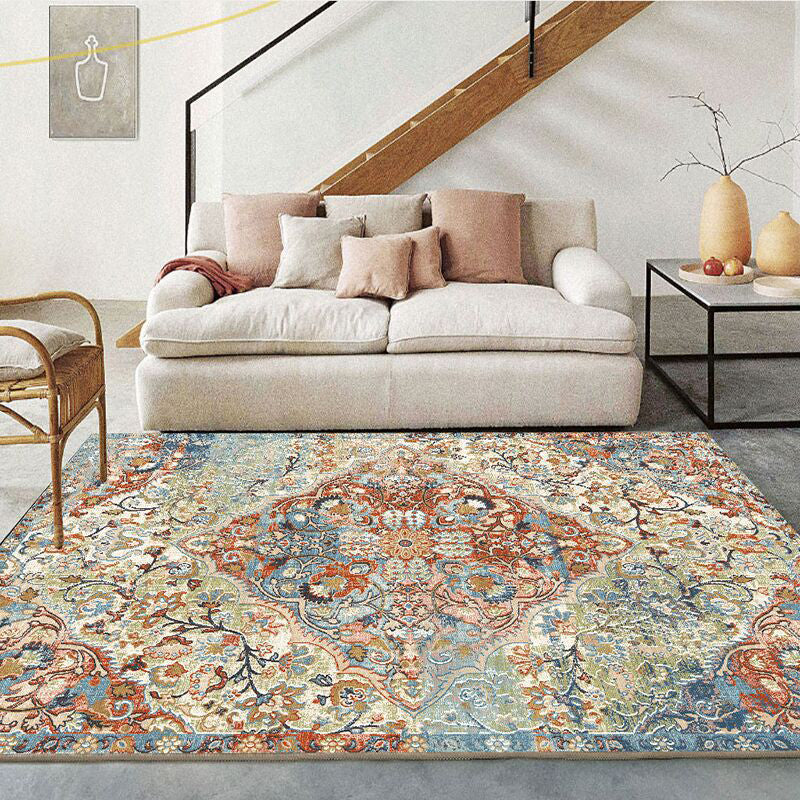 Blue Tribal Pattern Carpet Morocco Polyester Area Rug Non-Slip Backing Rug for Home Decor