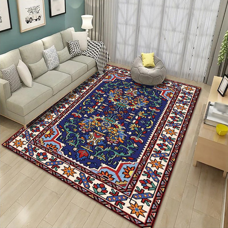 Mid-Century Living Room Carpet Nostalgia Floral Print Rug Polyester Anti-Slip Backing Carpet