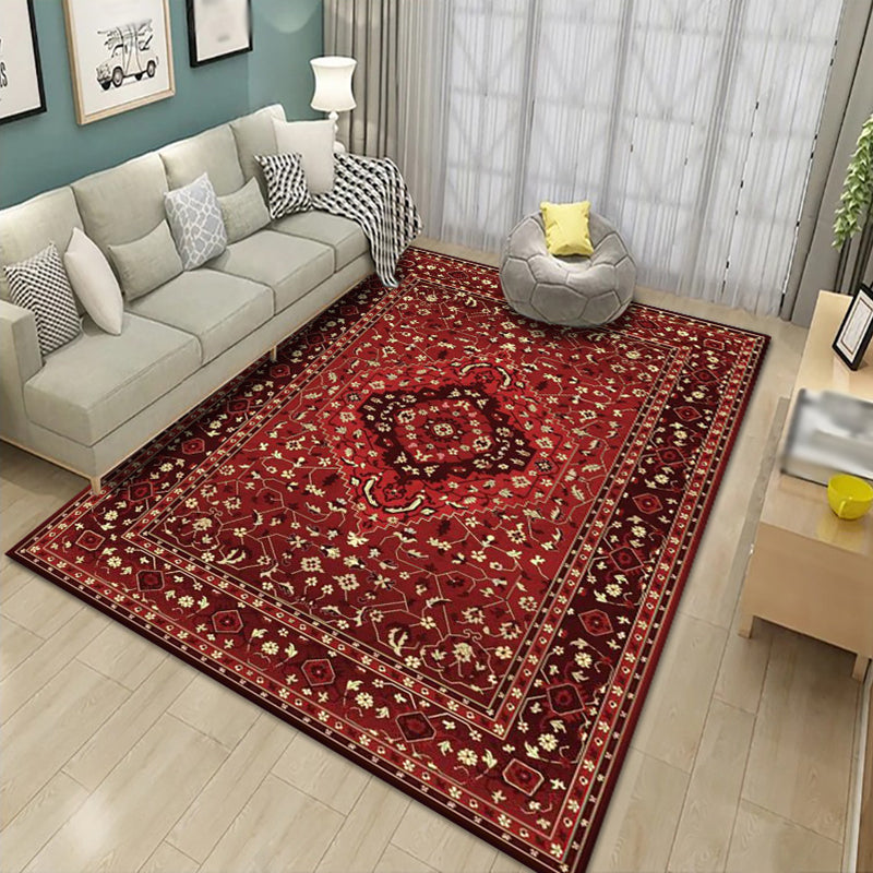 Mid-Century Living Room Carpet Nostalgia Floral Print Rug Polyester Anti-Slip Backing Carpet