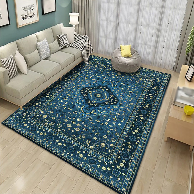 Mid-Century Living Room Carpet Nostalgia Floral Print Rug Polyester Anti-Slip Backing Carpet