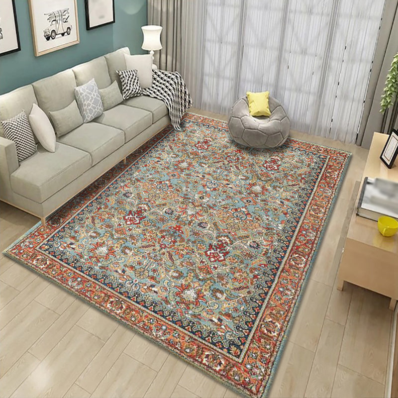 Mid-Century Living Room Carpet Nostalgia Floral Print Rug Polyester Anti-Slip Backing Carpet