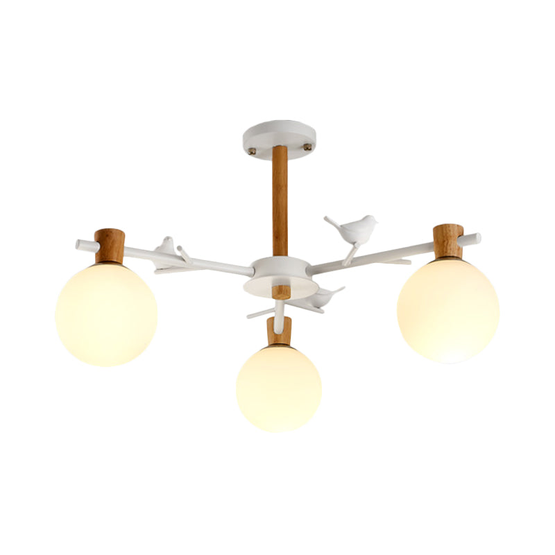 Contemporary Globe Chandelier Light White Glass 3 Bulbs Bedroom Suspended Lighting Fixture with Bird