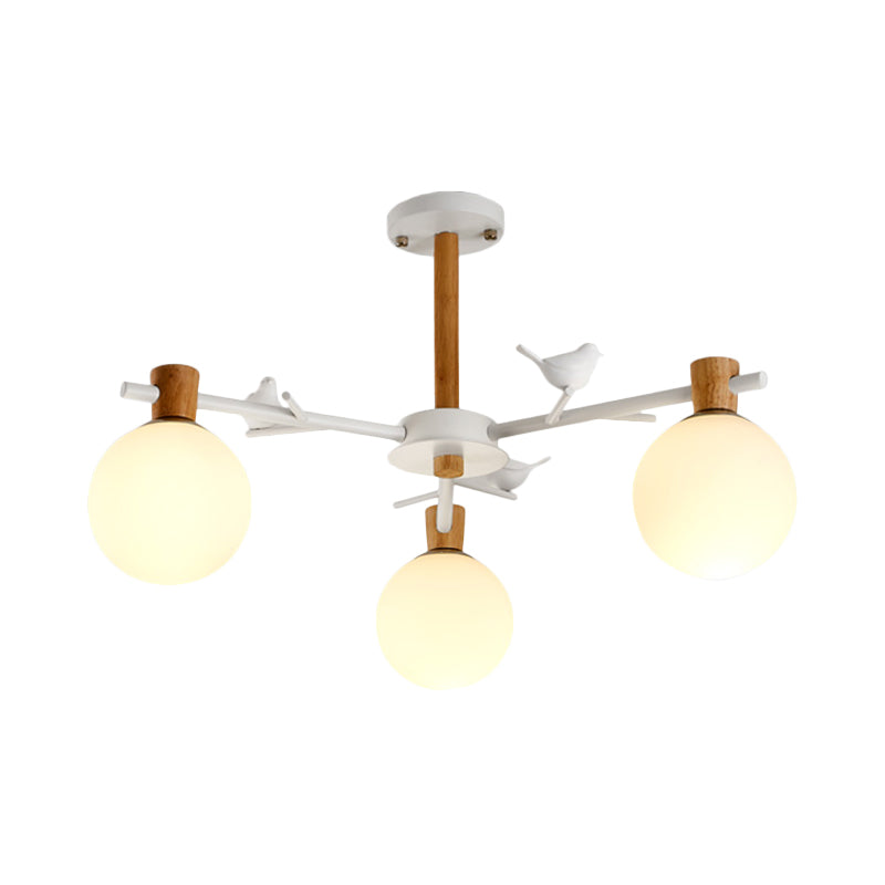 Chandelier Globe contemporain clair verre blanc 3 bulbes chambre à coucher en suspension d'éclairage avec oiseau