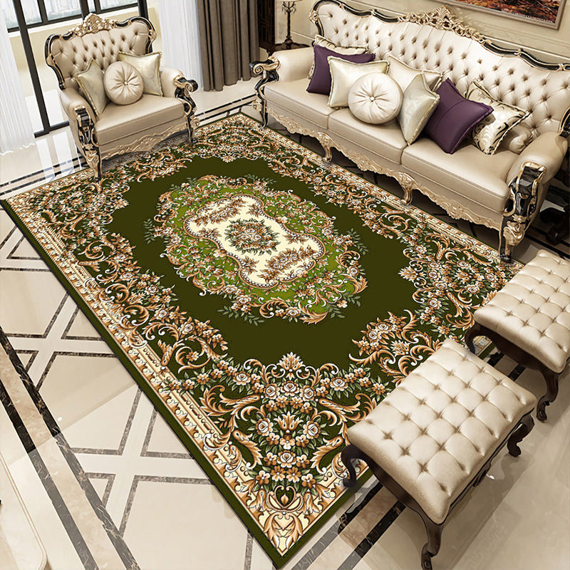 Classic Medallion Carpet Green Polyester Area Carpet Anti-Split Backing Rug for Living Room