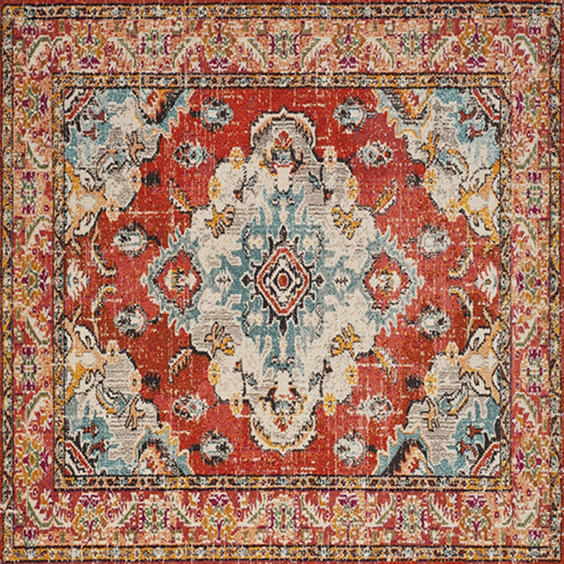 Quadratische ethnische Print Teppich mehrfarbig Retro Teppich Polyester Fleckenfeindresistent Teppich für Wohnzimmer