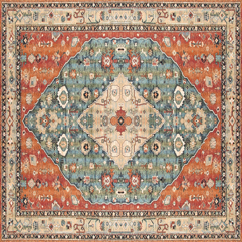 Quadratische ethnische Print Teppich mehrfarbig Retro Teppich Polyester Fleckenfeindresistent Teppich für Wohnzimmer