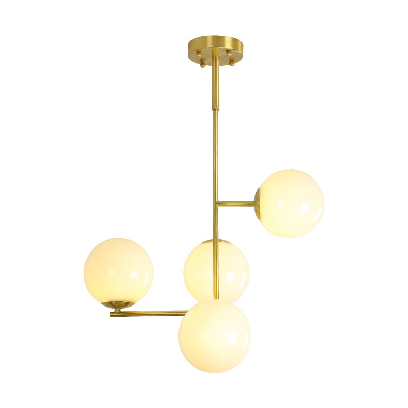 Modernist 4 Heads Pendant Chandelier Gold Ball Ceiling Hanging Light with Milky Glass Shade