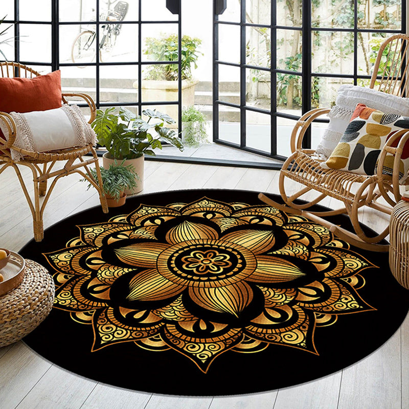 Morocco Tribal Pattern Area Rug Black Polyester Area Carpet Anti-Slip Washable Rug for Home Decor