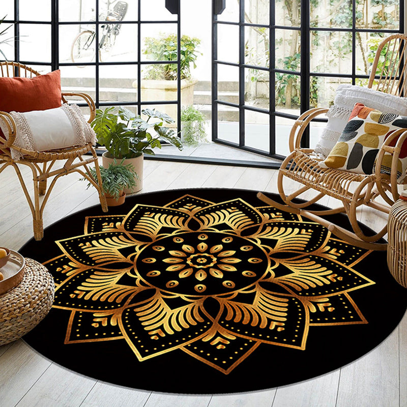 Morocco Tribal Pattern Area Rug Black Polyester Area Carpet Anti-Slip Washable Rug for Home Decor