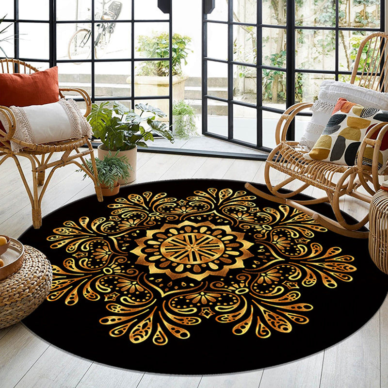 Morocco Tribal Pattern Area Rug Black Polyester Area Carpet Anti-Slip Washable Rug for Home Decor