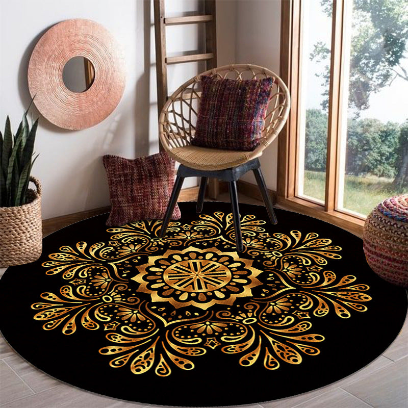 Morocco Tribal Pattern Area Rug Black Polyester Area Carpet Anti-Slip Washable Rug for Home Decor