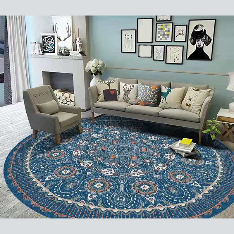 Round Floral Print Carpet Moroccan Area Rug Polyester Stain Resistant for Home Decoration