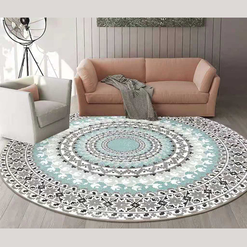 Round Floral Print Carpet Moroccan Area Rug Polyester Stain Resistant for Home Decoration