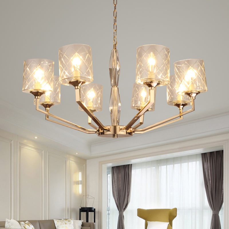 Modern 8 Bulbs Chandelier Lighting Gold Cylindrical Hanging Light Kit with Lattice Glass Shade