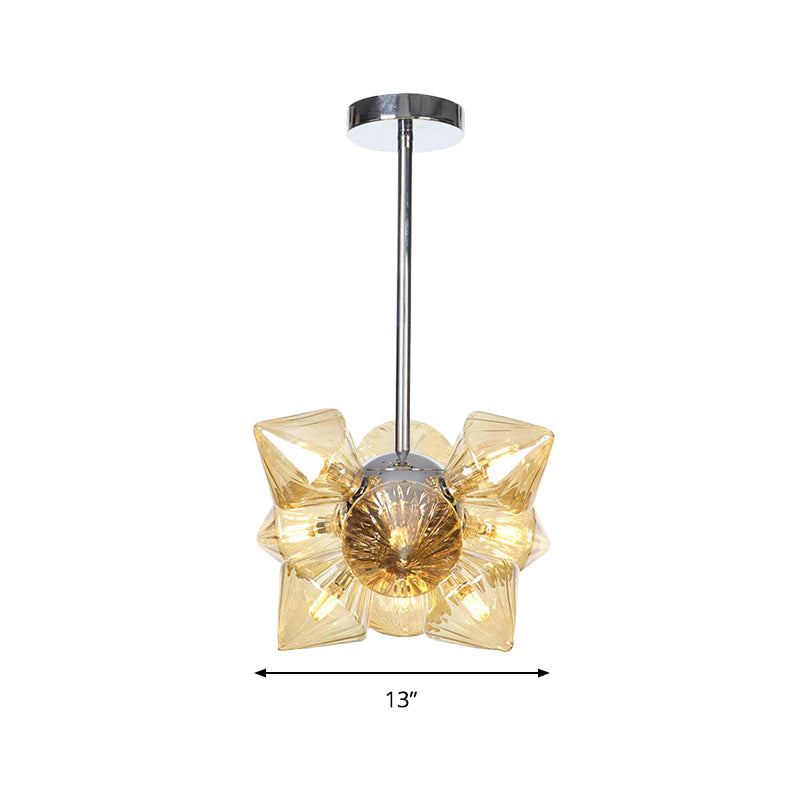 Diamond Hanging Chandelier Modernism Amber Glass 9/12 Heads Ceiling Pendant Light in Chrome