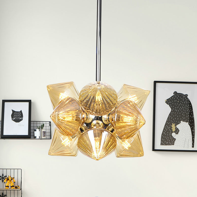 Diamond Hanging Chandelier Modernism Amber Glass 9/12 Heads Ceiling Pendant Light in Chrome