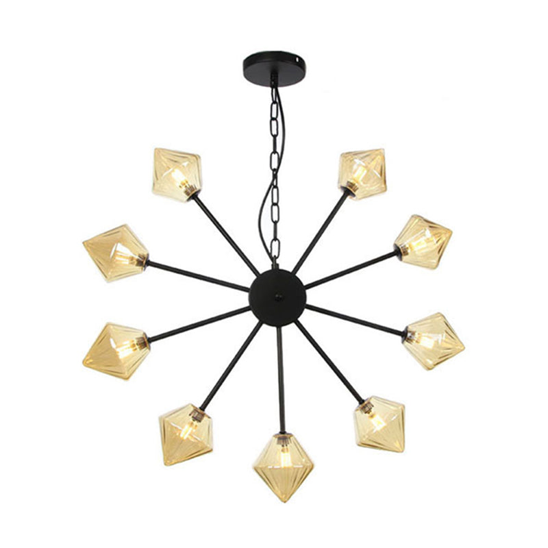 Contemporary Pyramid Chandelier Lamp Amber Glass 9 Heads Hanging Light Fixture in Black