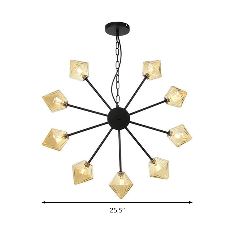 Contemporary Pyramid Chandelier Lamp Amber Glass 9 Heads Hanging Light Fixture in Black