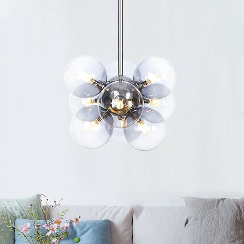 Chrome Sphere Ceiling Chandelier Modern 9 Bulbs Clear Glass Suspended Lighting Fixture