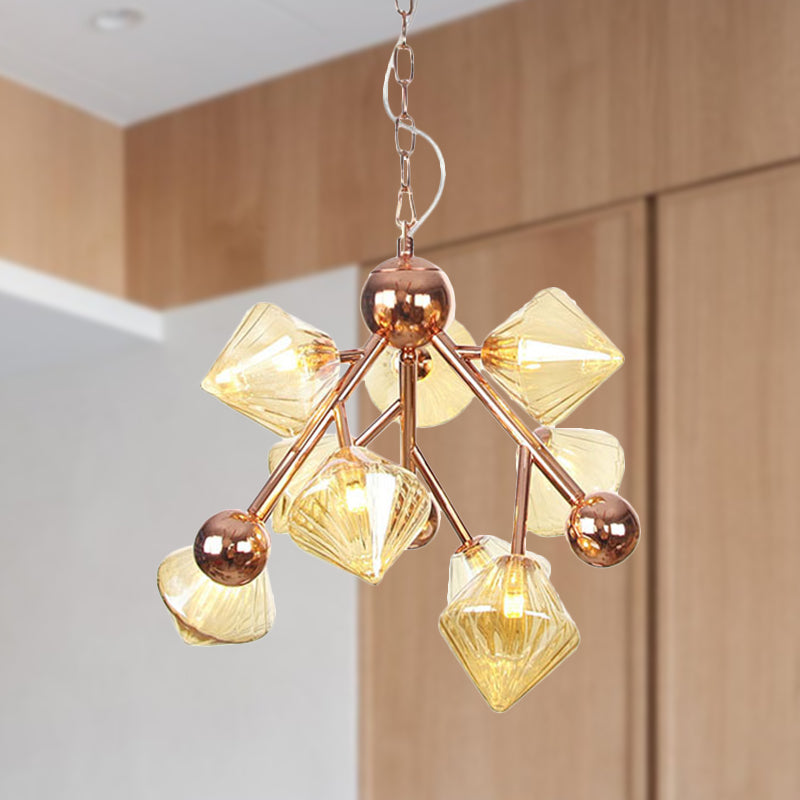 Modern 9 Heads Chandelier Light Rose Gold Diamond Pendant Lighting Fixture with Amber Glass Shade