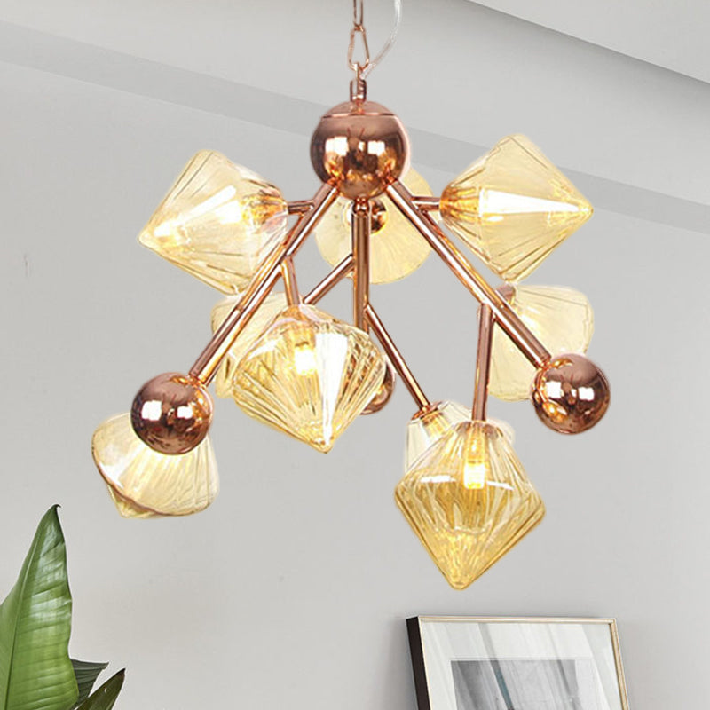 Modern 9 Heads Chandelier Light Rose Gold Diamond Pendant Lighting Fixture with Amber Glass Shade