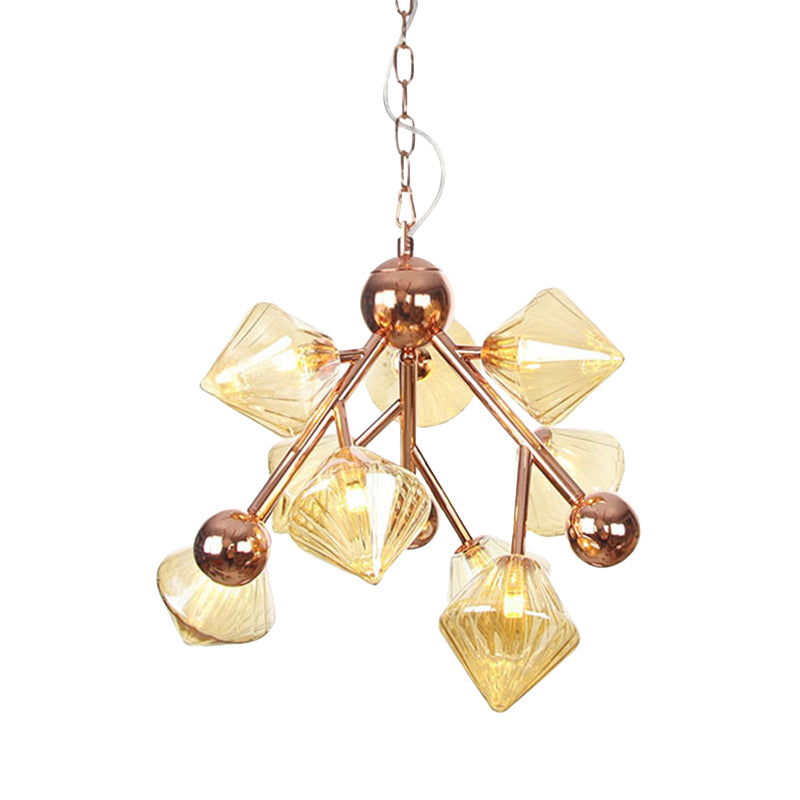 Modern 9 Heads Chandelier Light Rose Gold Diamond Pendant Lighting Fixture with Amber Glass Shade