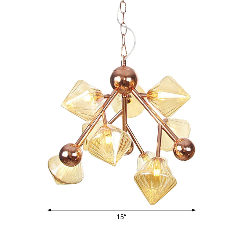 Modern 9 Heads Chandelier Light Rose Gold Diamond Pendant Lighting Fixture with Amber Glass Shade