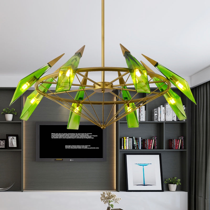 Contemporary Tapered Pendant Chandelier Cream/Green Glass 8 Heads Living Room Hanging Light Kit