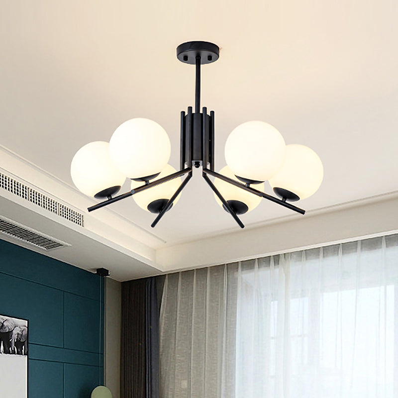 Milky Glass Global Semi Flush Modernism 6 Bulbs Black Ceiling Mount Light Fixture for Bedroom